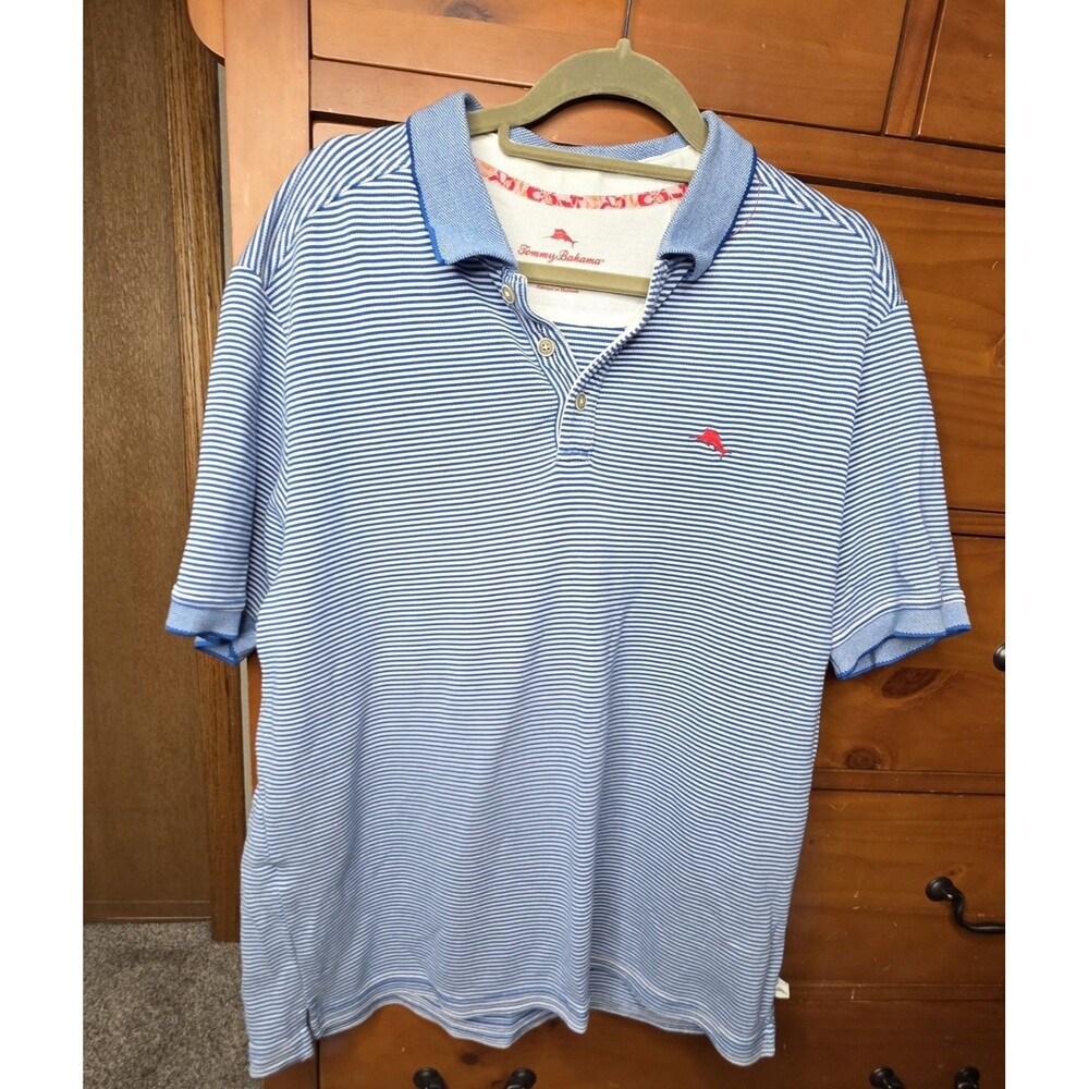 Tommy Bahama Polo Size XL Blue Striped Short Sleeve Outdoor Fishing Preppy